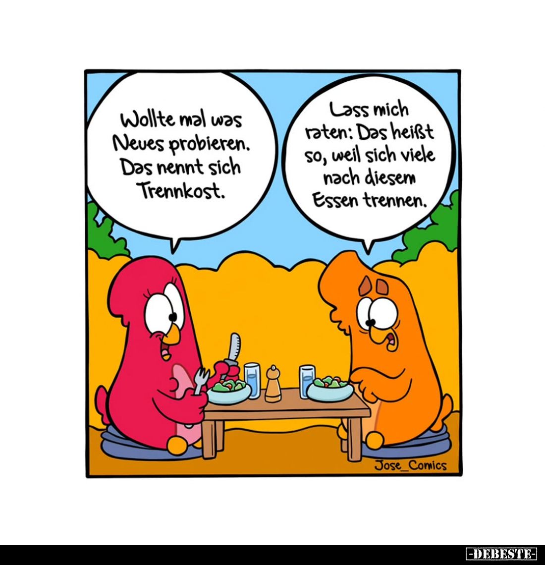 Wollte mal was Neues probieren. Das nennt sich Trennkost. -
Lass mich raten: Das heißt so, weil sich viele nach diesem Essen...