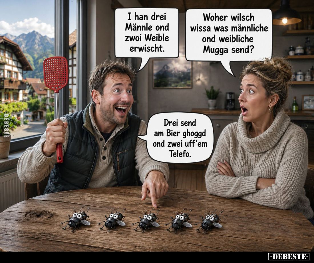 I han drei Männle ond zwoi Weible erwischt. -
Woher wilsch wissa was männliche ond weibliche Mugga send? -
Drei send am Bie...