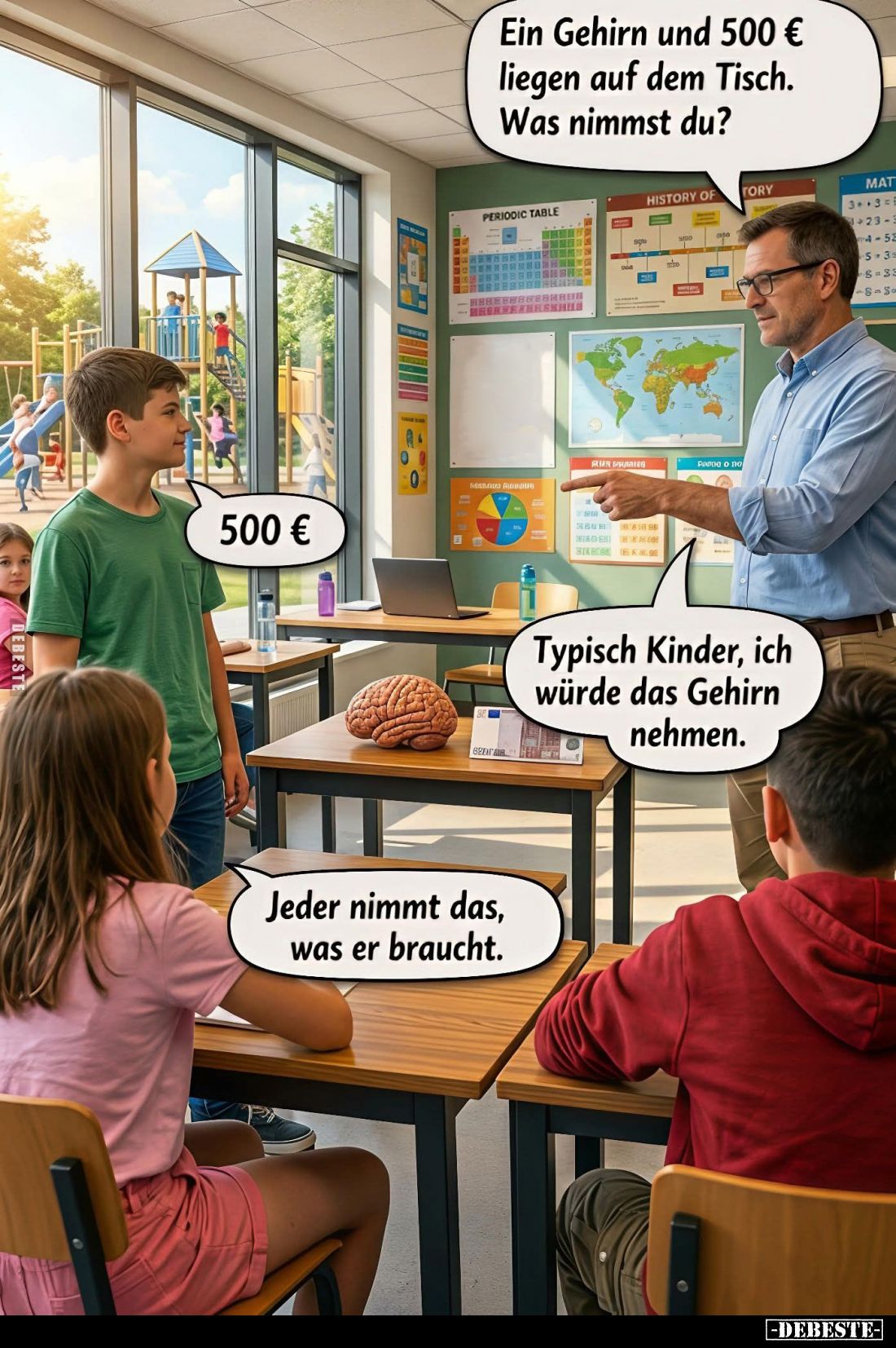 Ein Gehirn und 500 € liegen auf dem Tisch. Was nimmst du? -
500 €. -
Typisch Kinder, ich würde das Gehirn nehmen. -
Jeder ...