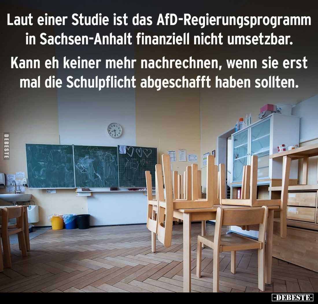 Laut einer Studie ist das AfD-Regierungsprogramm in Sachsen-Anhalt finanziell nicht umsetzbar.
Kann eh keiner mehr nachrechn...