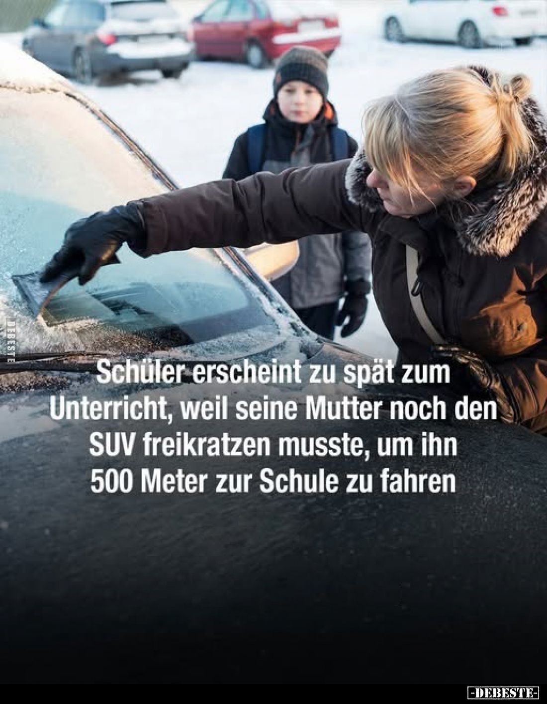 Schüler erscheint zu spät zum Unterricht, weil seine Mutter noch den SUV freikratzen musste, um ihn 500 Meter zur Schule zu f...