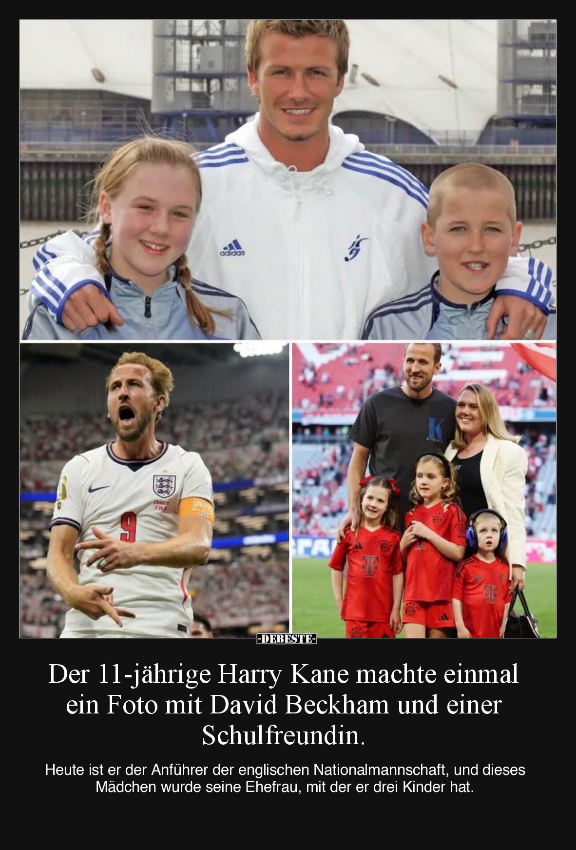 Der 11-jährige Harry Kane machte einmal ein Foto mit David Beckham und einer Schulfreundin.

Heute ist er der Anführer der ...