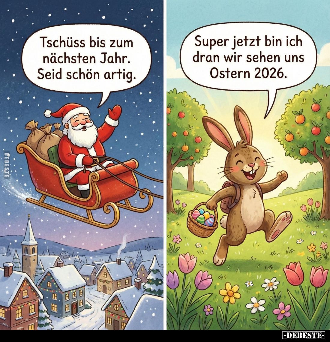 Tschüss bis zum nächsten Jahr. Seid schön artig. -
Super jetzt bin ich dran wir sehen uns Ostern 2026.