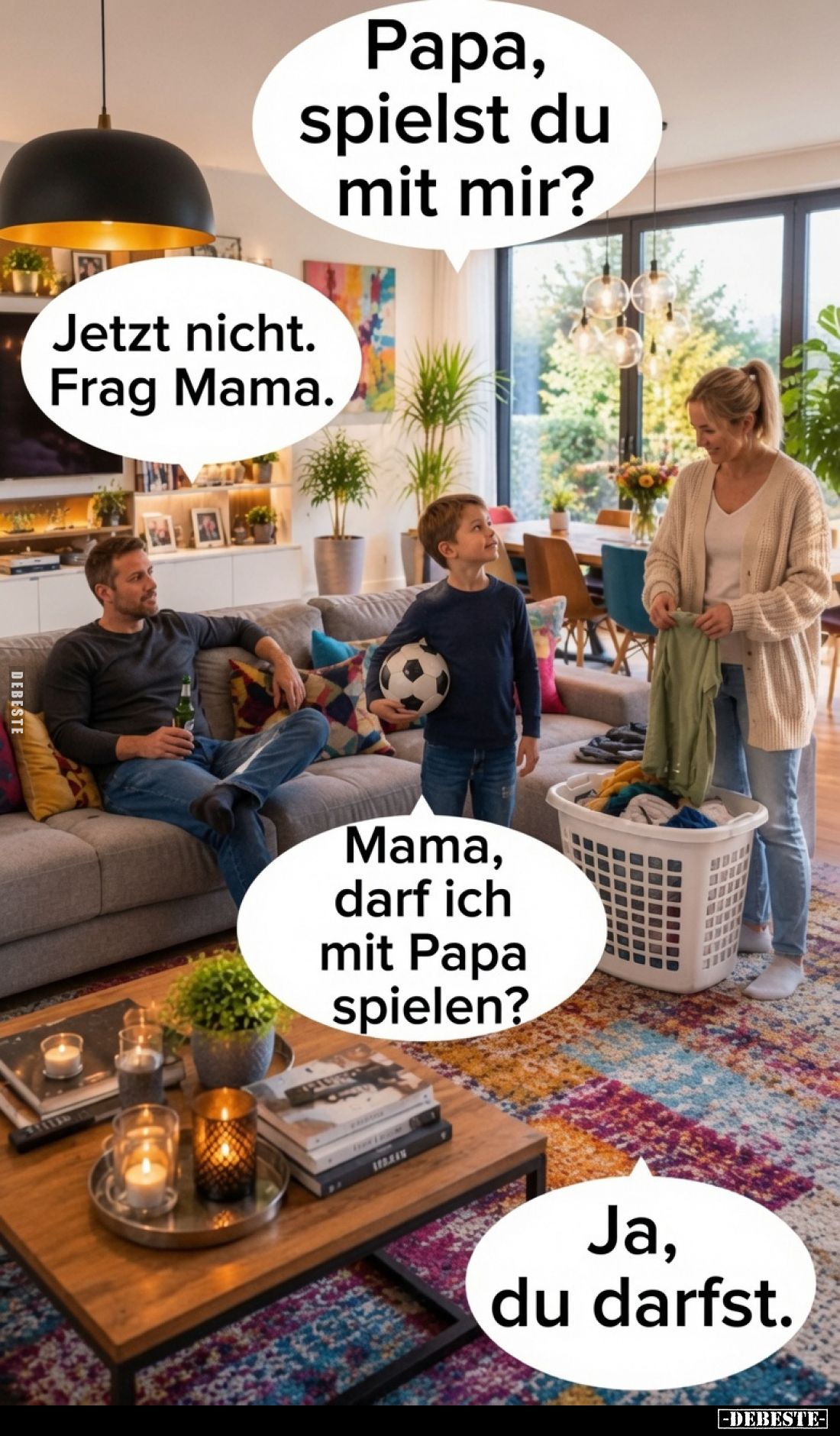 Papa, spielst du mit mir?
Jetzt nicht. Frag Mama.
Mama, darf ich mit Papa spielen?
Ja, du darfst.