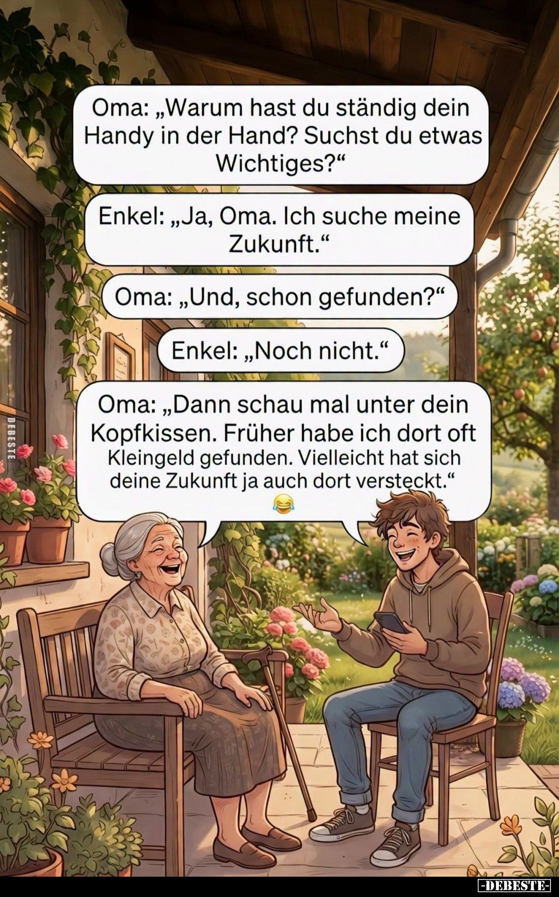 "Warum hast du ständig dein Handy in der Hand? Suchst du etwas Wichtiges?"
- "Ja, Oma. Ich suche meine Zukunf...