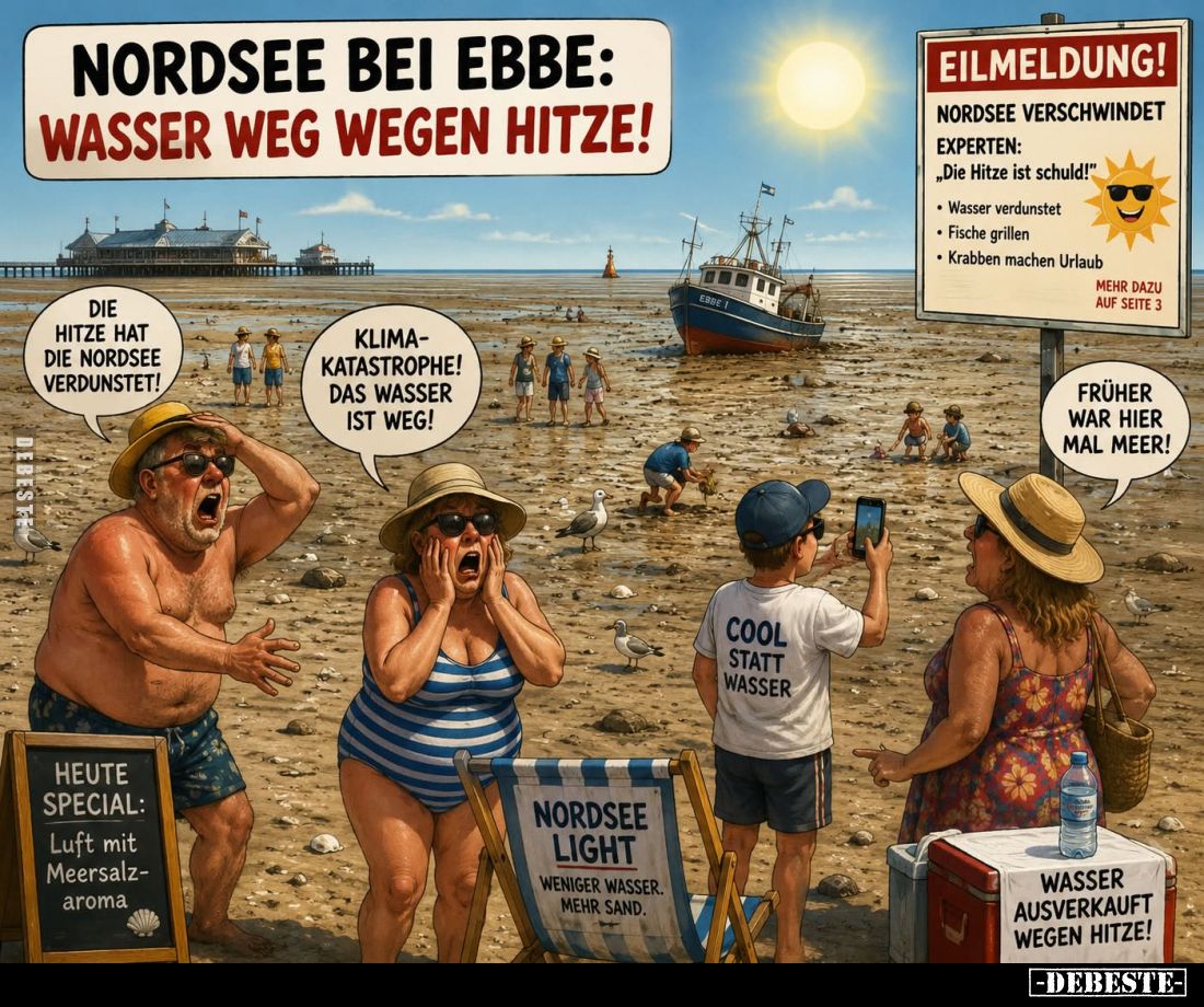 Nordsee bei Ebbe: Wasser weg wegen Hitze!
Die Hitze hat die Nordsee verdunstet!
Klima-Katastrophe! Das Wasser ist weg!
-
...
