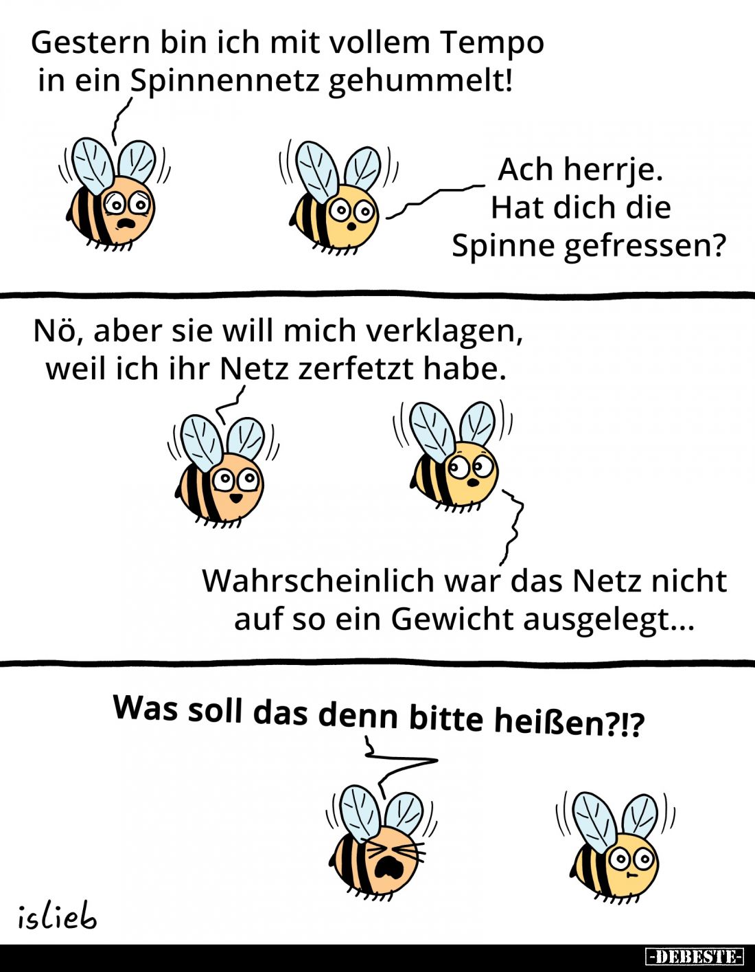 Gestern bin ich mit vollem Tempo in ein Spinnennetz gehummelt! -
Ach herrje. Hat dich die Spinne gefressen? -
Nö, aber sie ...