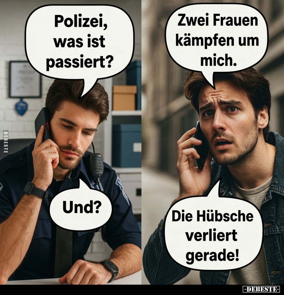 Polizei, was ist passiert? -
Zwei Frauen kämpfen um mich. -
Und? -
Die Hübsche verliert gerade!