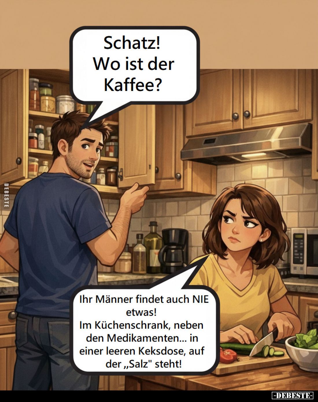 Schatz! Wo ist der Kaffee?
-
Ihr Männer findet auch NIE etwas!
Im Küchenschrank, neben den Medikamenten... in einer leeren...
