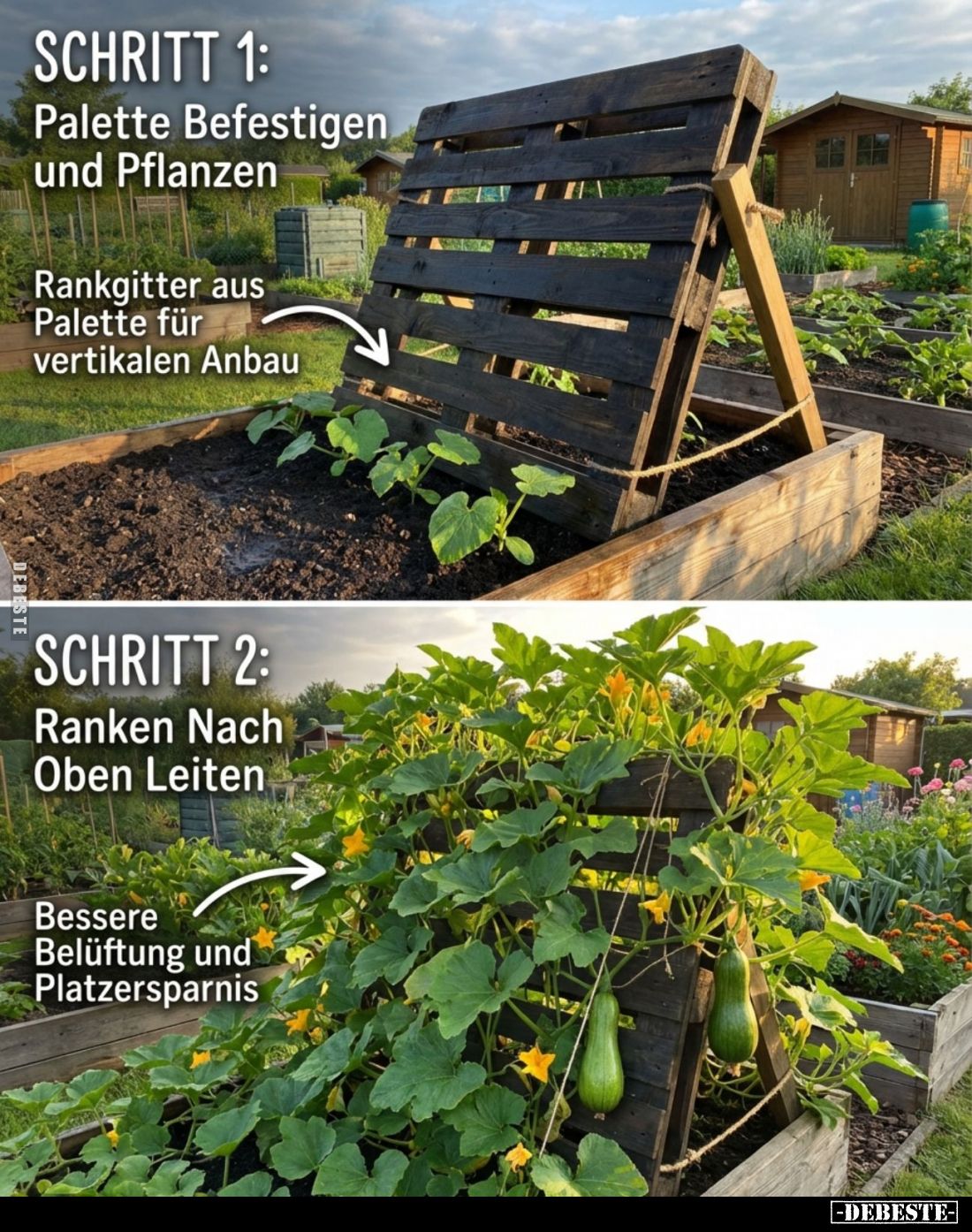 SCHRITT 1:
Palette Befestigen und Pflanzen.
Rankgitter aus Palette für vertikalen Anbau. -
SCHRITT 2:
Ranken Nach Oben Le...