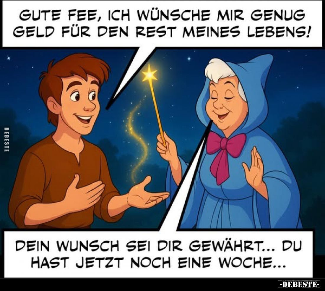Gute Fee, ich wünsche mir genug Geld für den Rest meines Lebens!
Dein Wunsch sei dir gewährt... du hast jetzt noch eine Woch...