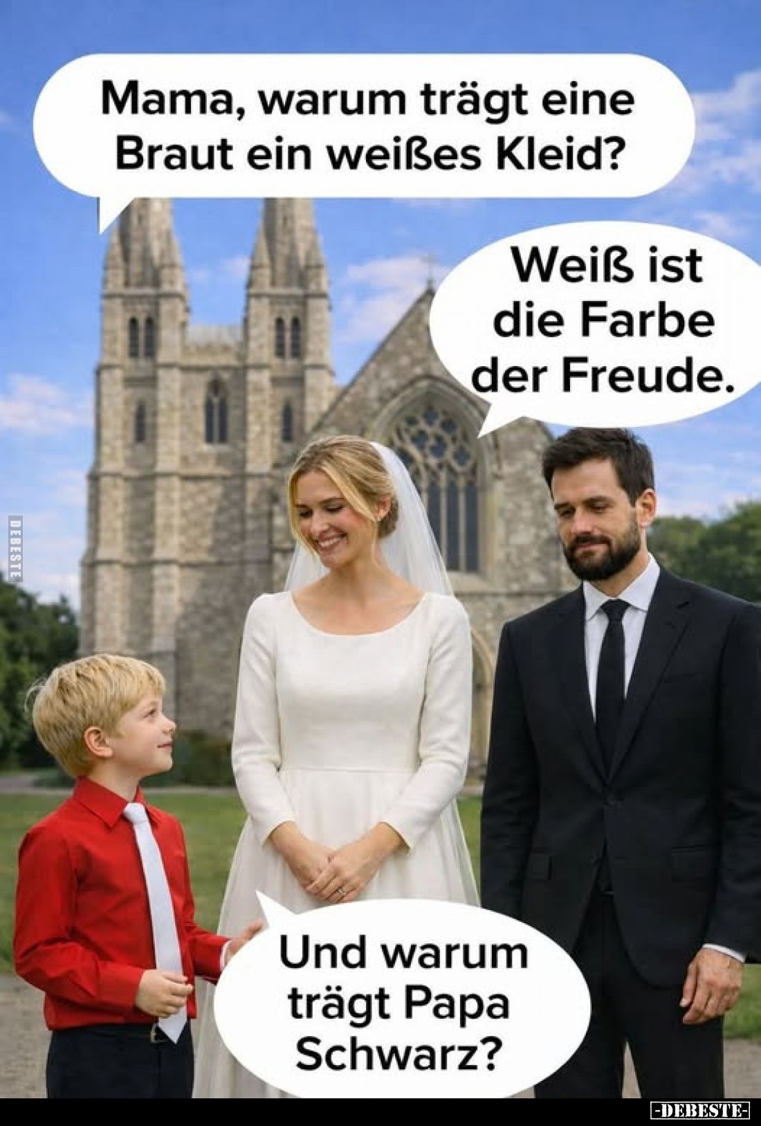 Mama, warum trägt eine Braut ein weißes Kleid?
-
Weiß ist die Farbe der Freude.
-
Und warum trägt Papa Schwarz?