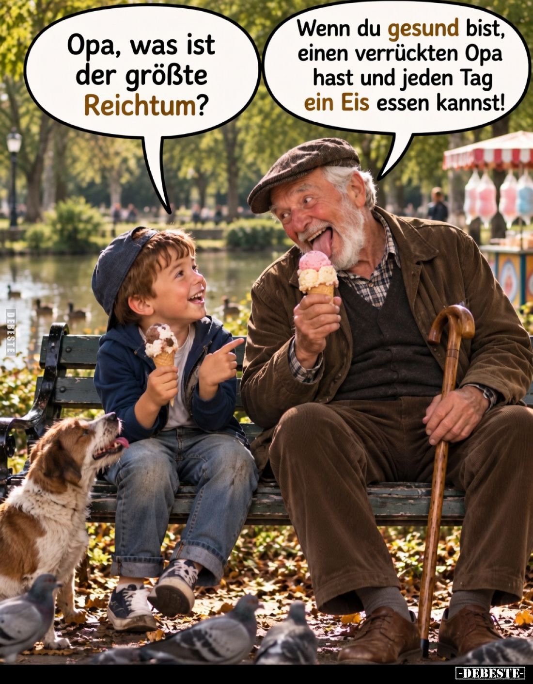 Opa, was ist der größte Reichtum?
Wenn du gesund bist, einen verrückten Opa hast und jeden Tag ein Eis essen kannst!