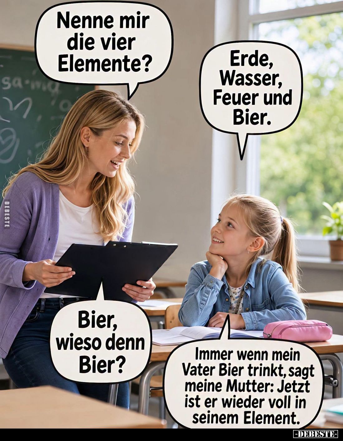 Nenne mir die vier Elemente?
-
Erde, Wasser, Feuer und Bier.
-
Bier, wieso denn Bier? -
Immer wenn mein Vater Bier trink...