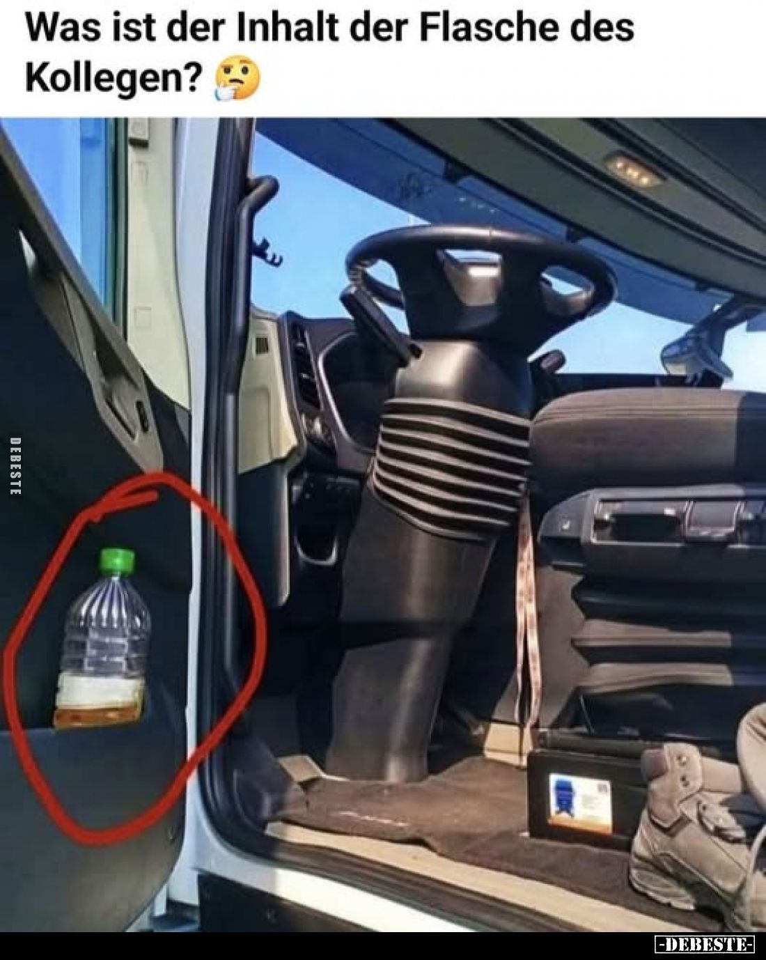 Was ist der Inhalt der Flasche des Kollegen?