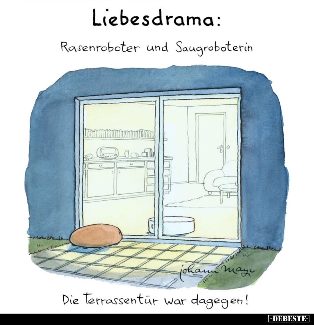 Liebesdrama:
Rasenroboter und Saugroboterin.
Die Terrassentür war dagegen!