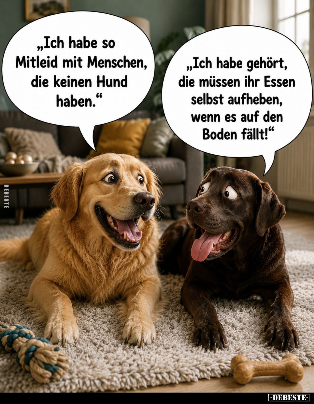 „Ich habe so Mitleid mit Menschen, die keinen Hund haben."
„Ich habe gehört, die müssen ihr Essen selbst aufheben, wenn...