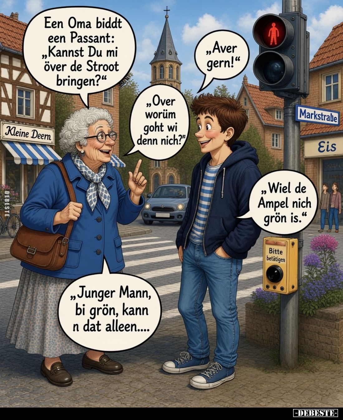 Een Oma biddt een Passant: "Kannst Du mi över de Stroot bringen?" -
"Aver gern!" -
"Over worüm goh...