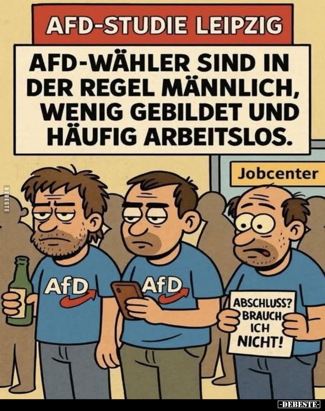 AfD-Studie Leipzig:
AfD-Wähler sind in der Regel männlich, wenig gebildet und häufig arbeitslos.