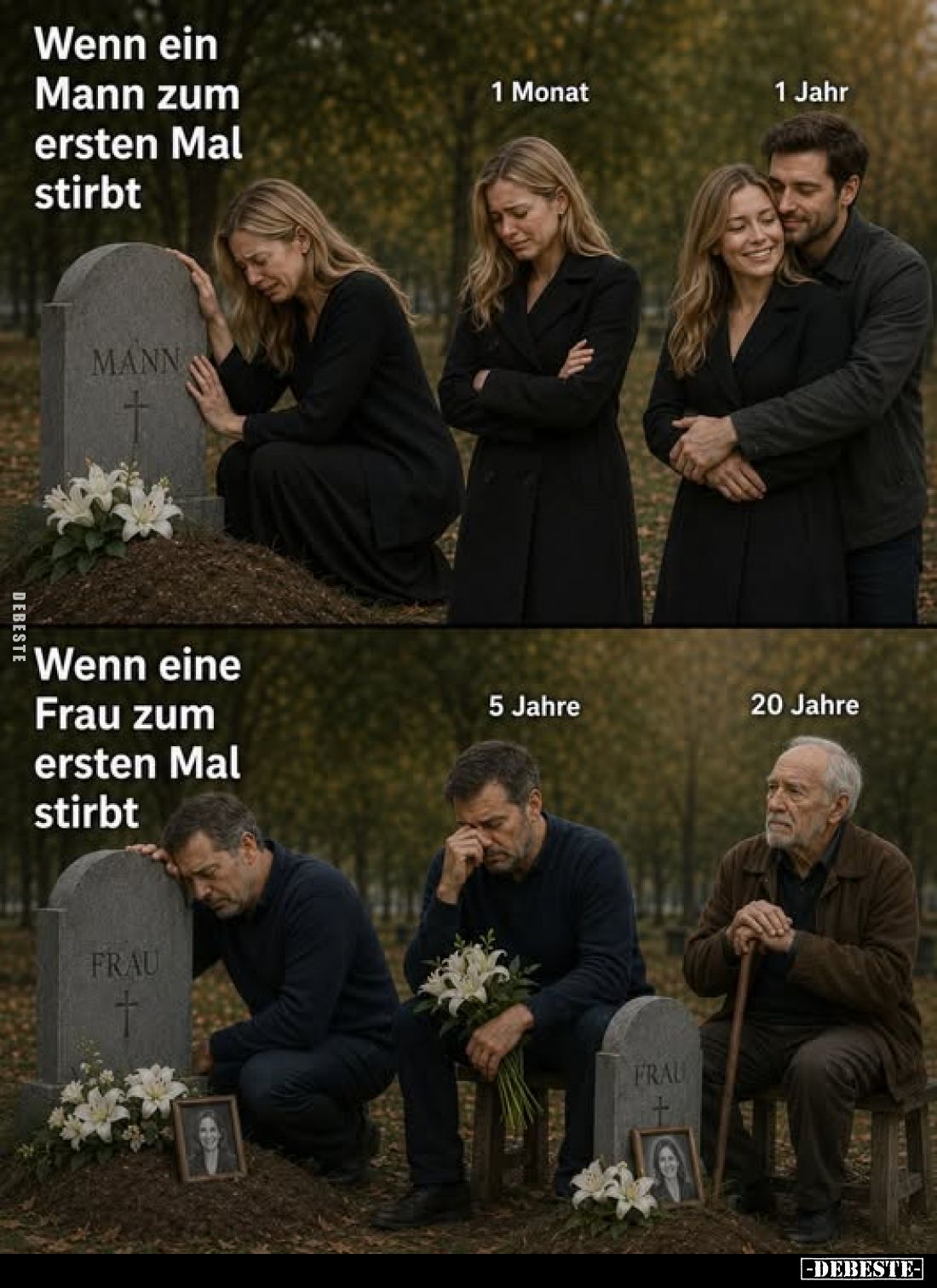Wenn ein Mann zum ersten Mal stirbt.
vs
Wenn eine Frau zum ersten Mal stirbt.