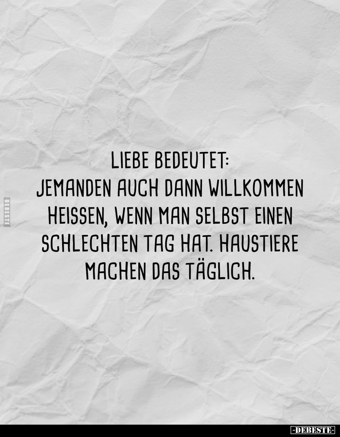Liebe bedeutet:
Jemanden auch dann willkommen heißen, wenn man selbst einen schlechten Tag hat. Haustiere machen das täglich...