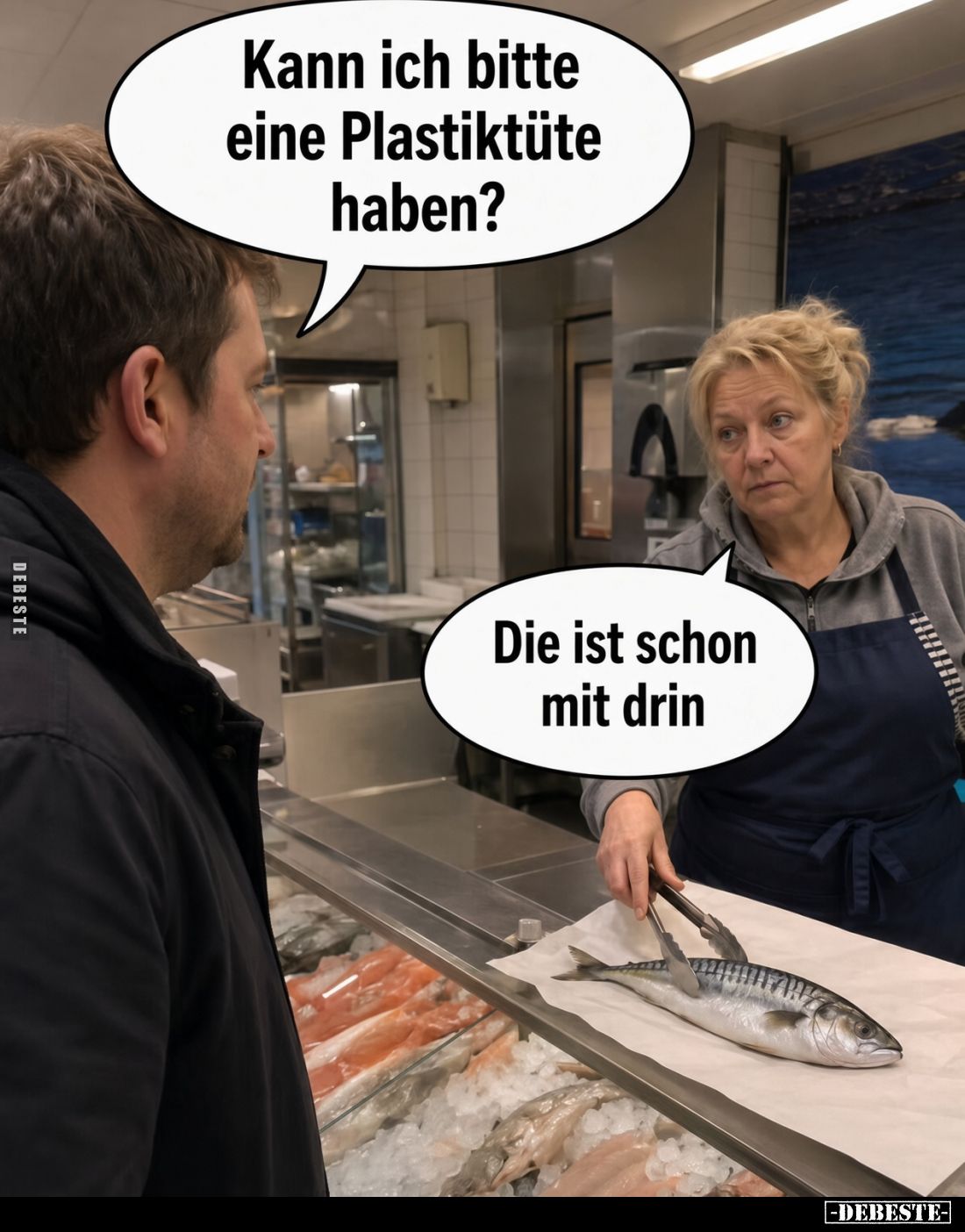 Kann ich bitte eine Plastiktüte haben?
Die ist schon mit drin.