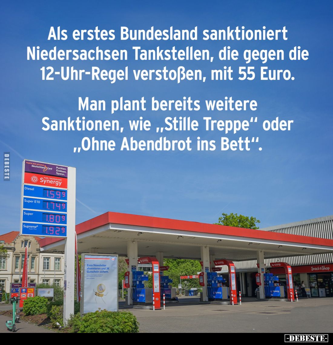 Als erstes Bundesland sanktioniert Niedersachsen Tankstellen, die gegen die 12-Uhr-Regel verstoßen, mit 55 Euro. -
Man plant...