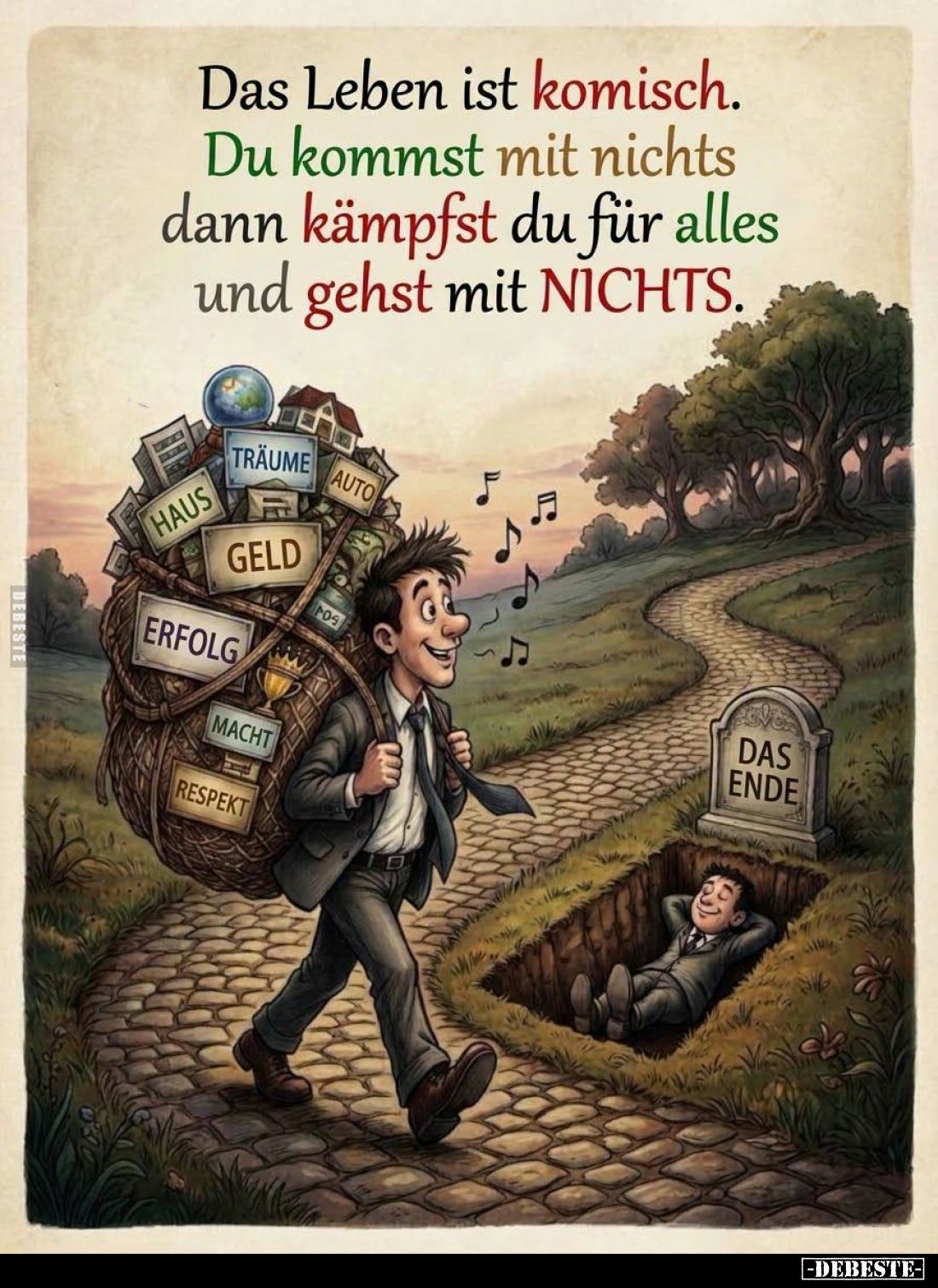 Das Leben ist komisch.
Du kommst mit nichts dann kämpfst du für alles und gehst mit NICHTS.