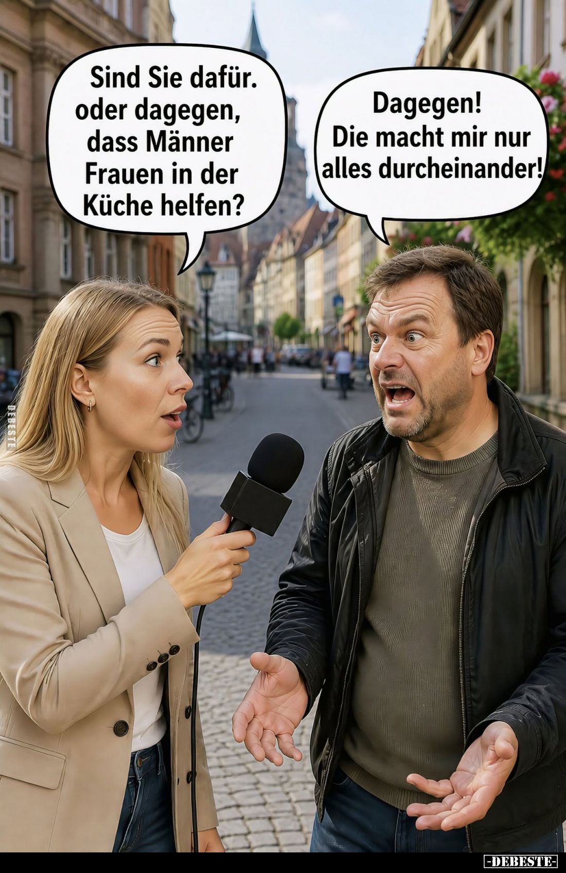 Sind Sie dafür, oder dagegen, dass Männer Frauen in der Küche helfen? -
Dagegen! Die macht mir nur alles durcheinander!