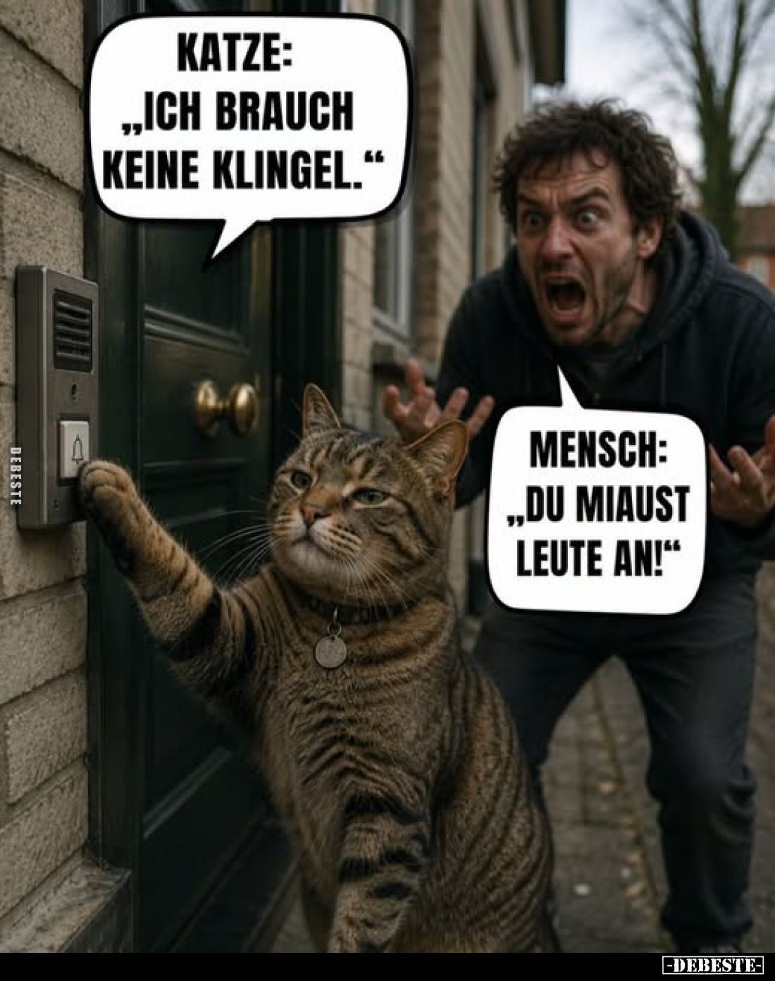 Katze: "Ich brauch keine Klingel."
-
Mensch: "Du miaust Leute an!"