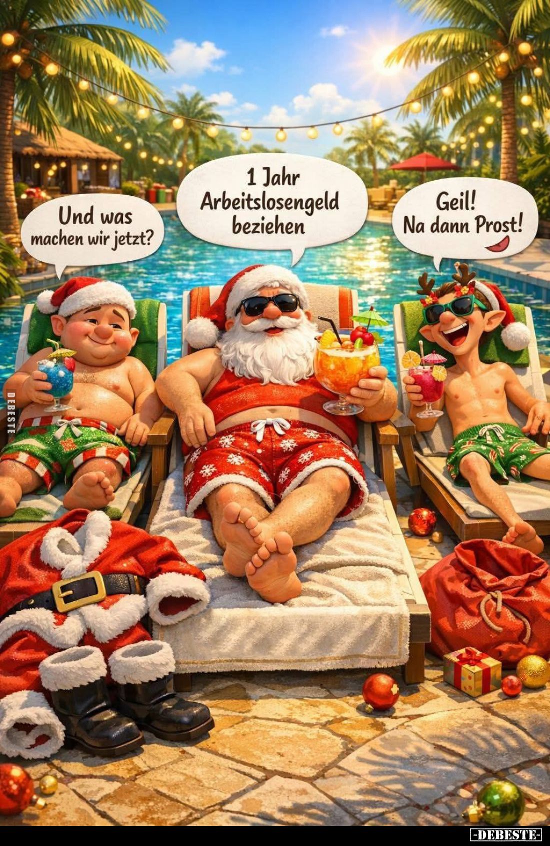 Und was machen wir jetzt? -
1 Jahr Arbeitslosengeld beziehen. -
Geil! Na dann Prost!