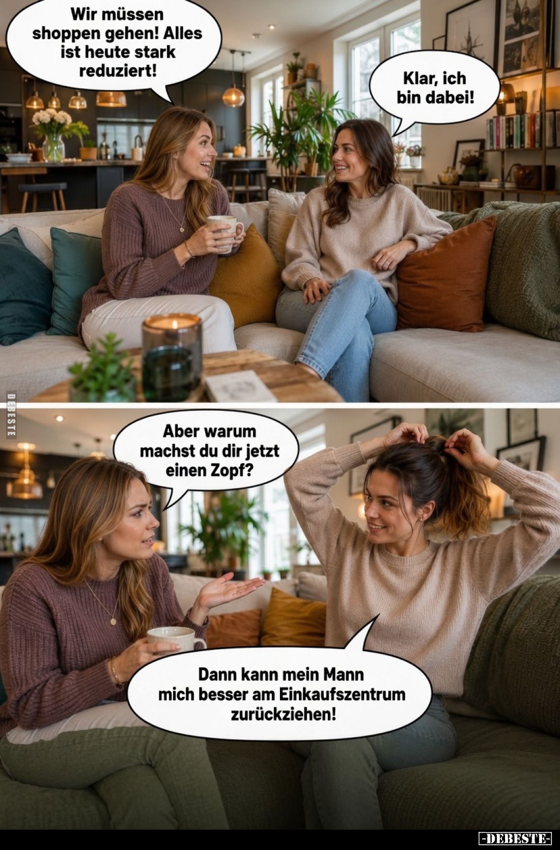 Wir müssen shoppen gehen! Alles ist heute stark reduziert! -
Klar, ich bin dabei! -
Aber warum machst du dir jetzt einen Zo...