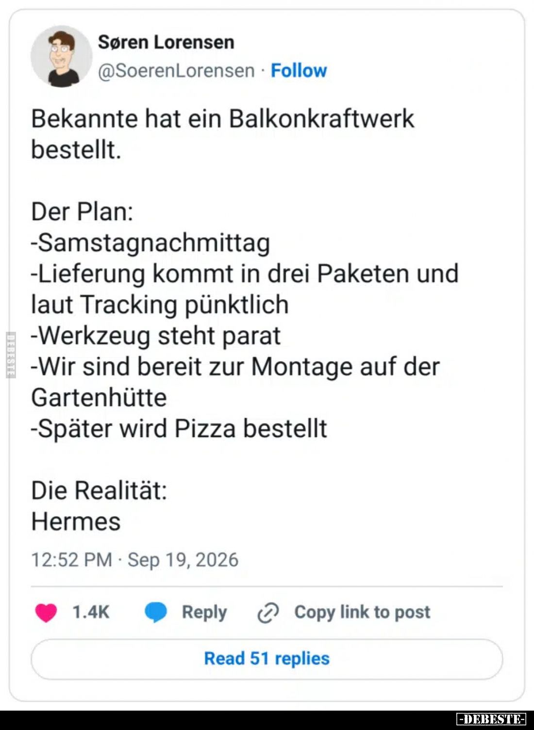 Bekannte hat ein Balkonkraftwerk bestellt.
Der Plan:
-Samstagnachmittag
-Lieferung kommt in drei Paketen und laut Tracki...
