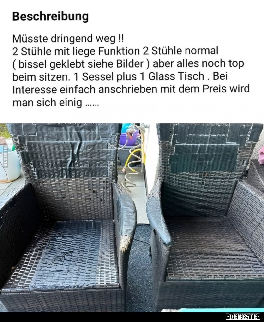 Müsste dringend weg!!
2 Stühle mit liege Funktion 2 Stühle normal (bissel geklebt siehe Bilder) aber alles noch Top beim sit...