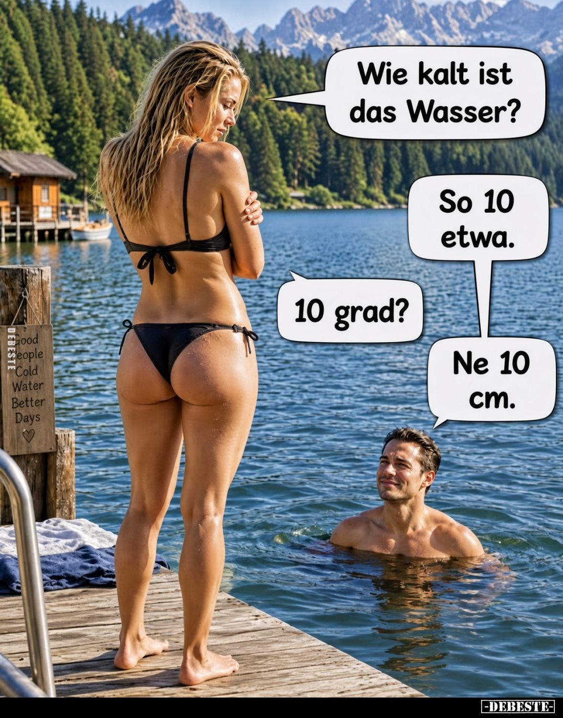 Wie kalt ist das Wasser?
-
So 10 etwa.
-
10 grad?
-
Ne 10 cm.