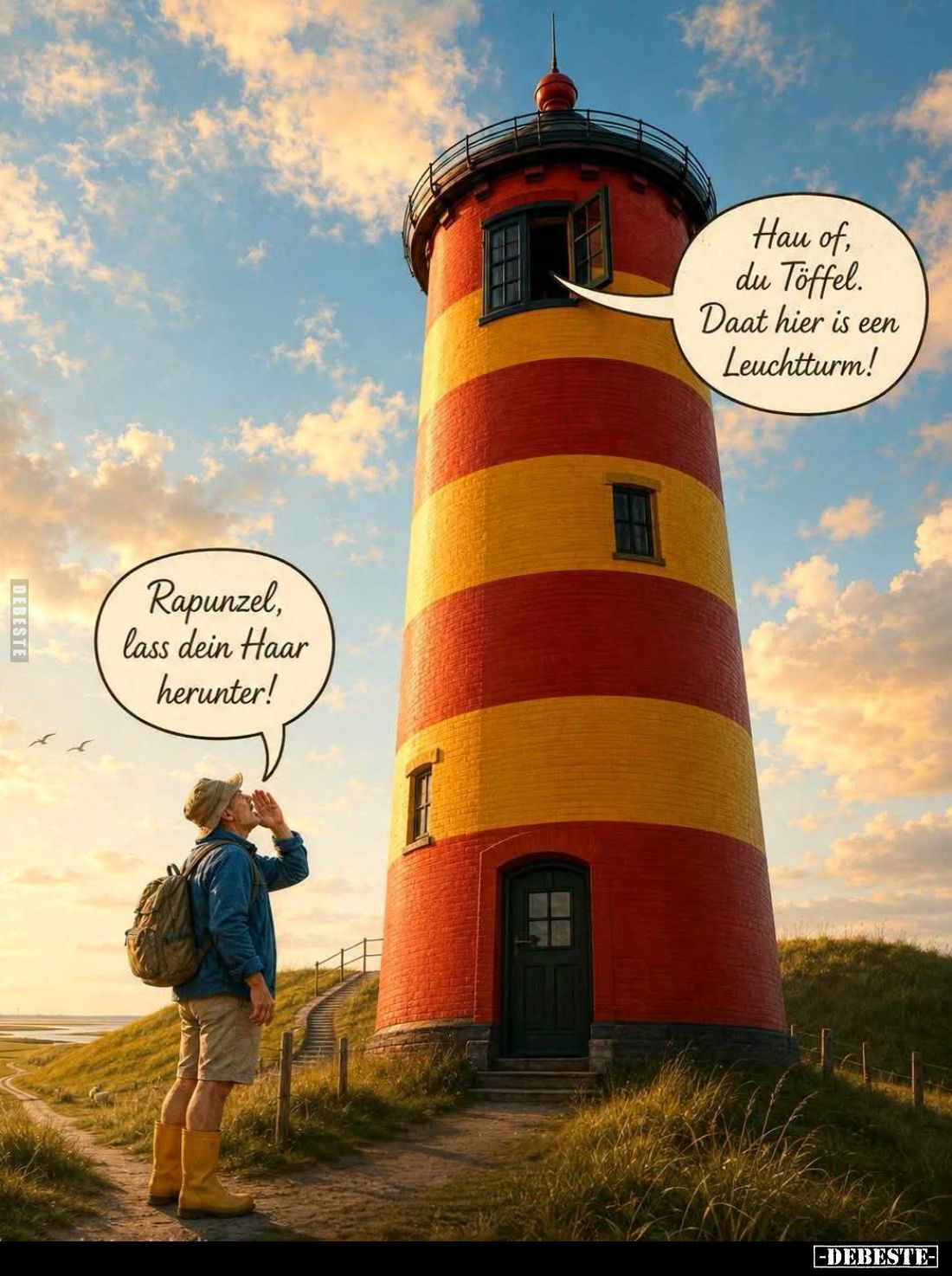 Rapunzel, lass dein Haar herunter! - Hau of, du Töffel. Daat hier is een Leuchtturm!
