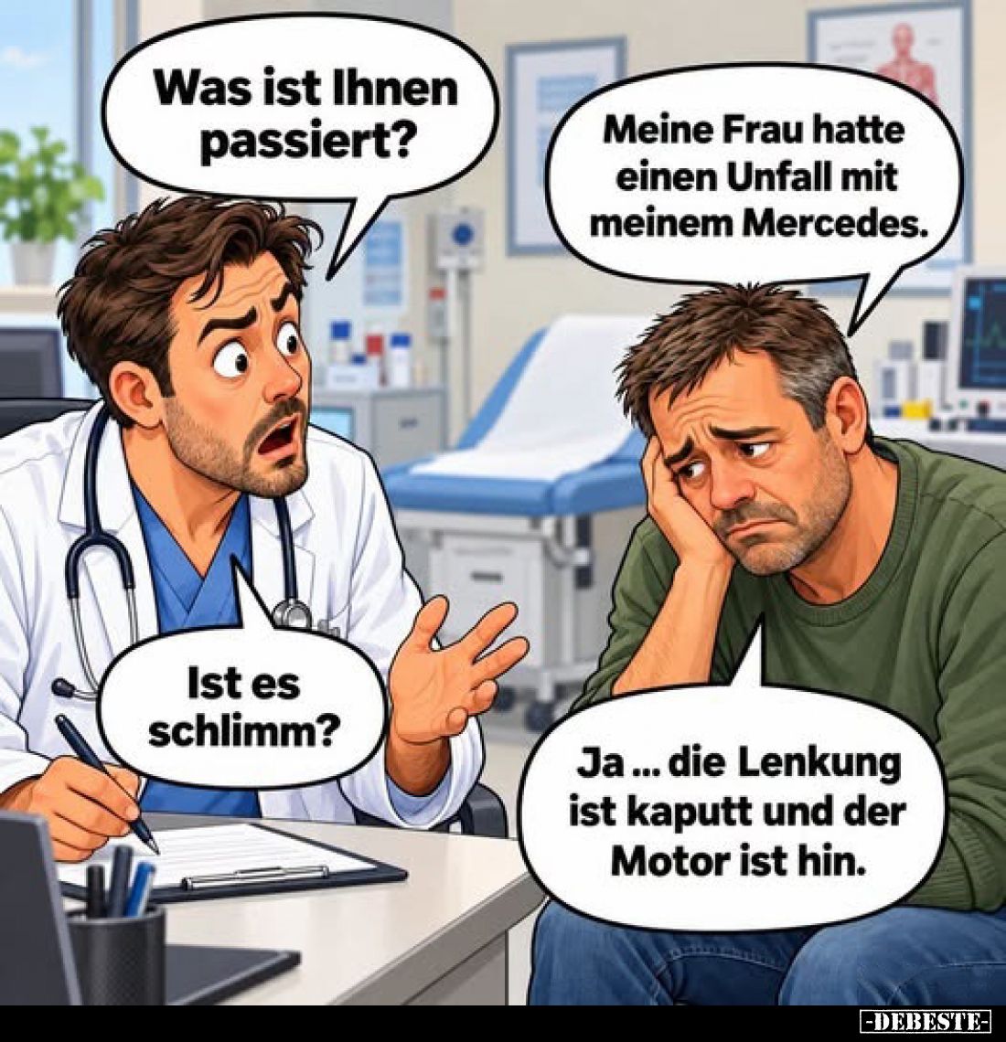 Was ist Ihnen passiert?
-
Meine Frau hatte einen Unfall mit meinem Mercedes.
-
Ist es schlimm?
-
Ja... die Lenkung ist ...