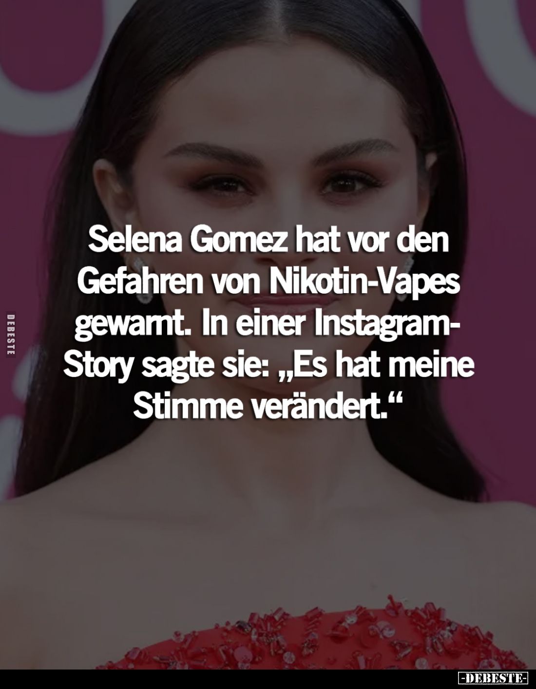 Selena Gomez hat vor den Gefahren von Nikotin-Vapes gewarnt.
In einer Instagram-Story sagte sie: „Es hat meine Stimme veränd...