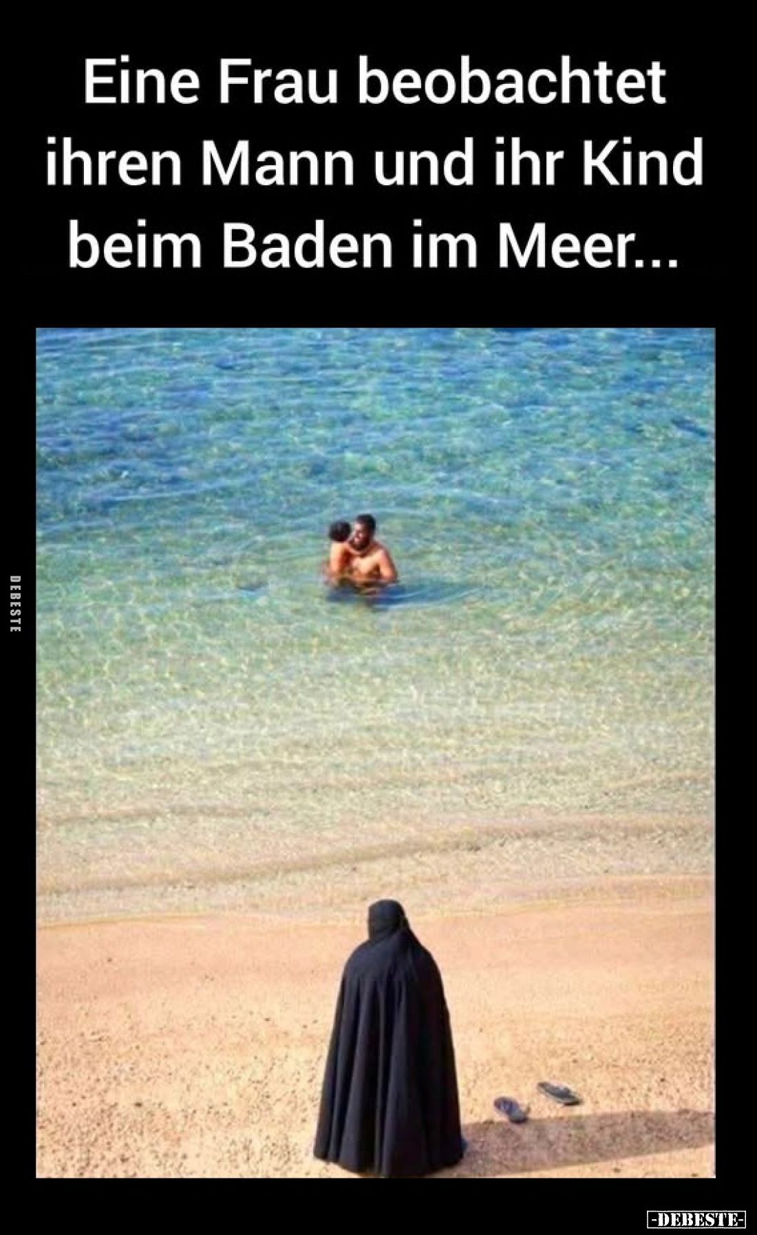 Eine Frau beobachtet ihren Mann und ihr Kind beim Baden im Meer...