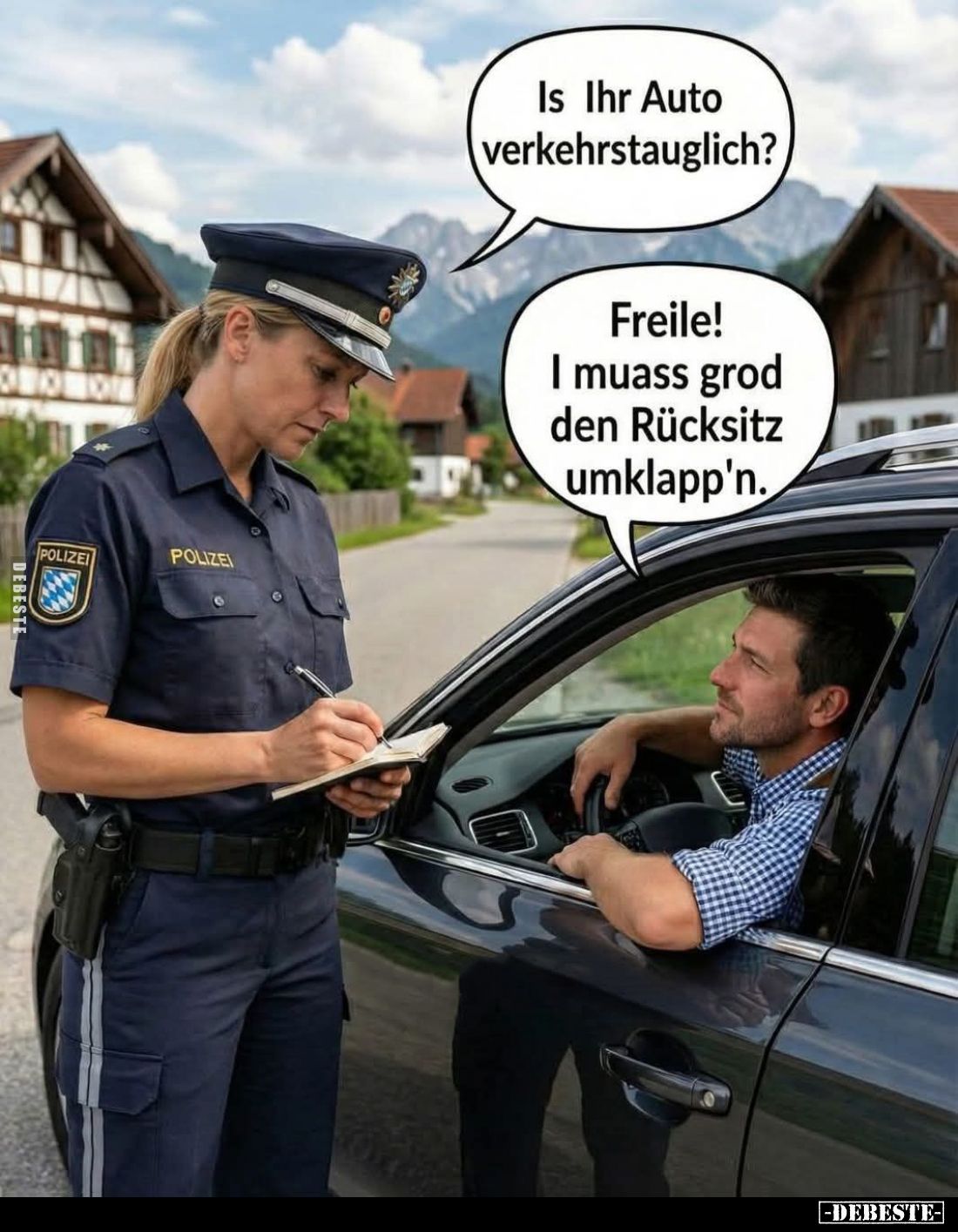 Is Ihr Auto verkehrstauglich? -
Freile! I muass grod den Rücksitz umklapp'n.