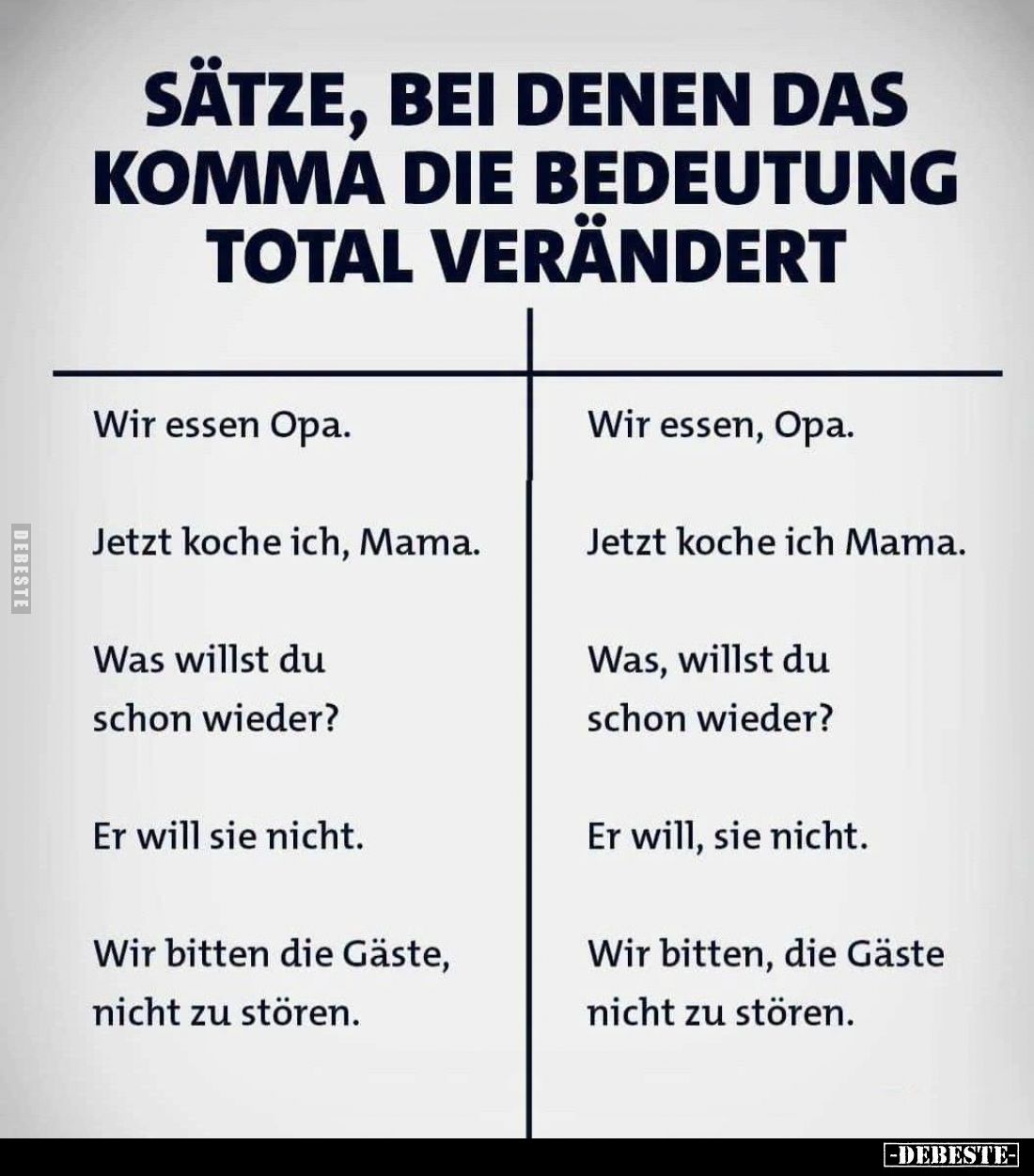 Sätze, bei denen das Komma die Bedeutung total verändert:
- Wir essen Opa.
vs
Wir essen, Opa.
- Jetzt koche ich, Mama.
v...