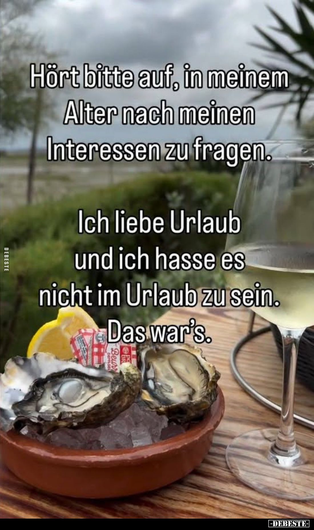 Hört bitte auf, in meinem Alter nach meinen Interessen zu fragen.
Ich liebe Urlaub und ich hasse es nicht im Urlaub zu sein....