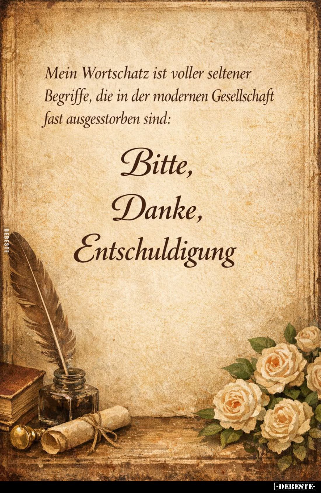 Mein Wortschatz ist voller seltener Begriffe, die in der modernen Gesellschaft fast ausgesstorben sind:
Bitte, Danke, Entsch...