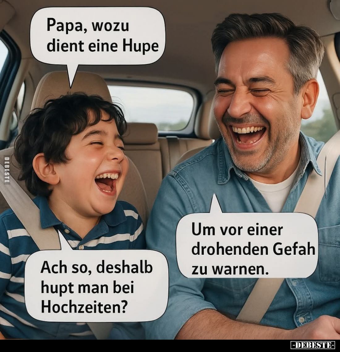 Papa, wozu dient eine Hupe. - Um vor einer drohenden Gefah zu warnen. -
Ach so, deshalb hupt man bei Hochzeiten?