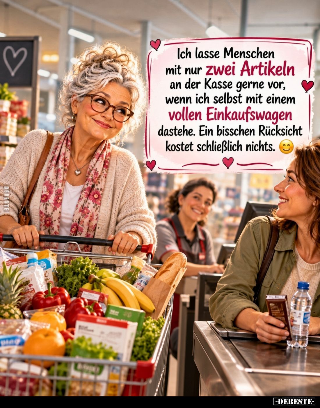 Ich lasse Menschen mit nur zwei Artikeln an der Kasse gerne vor, wenn ich selbst mit einem vollen Einkaufswagen dastehe. Ein ...