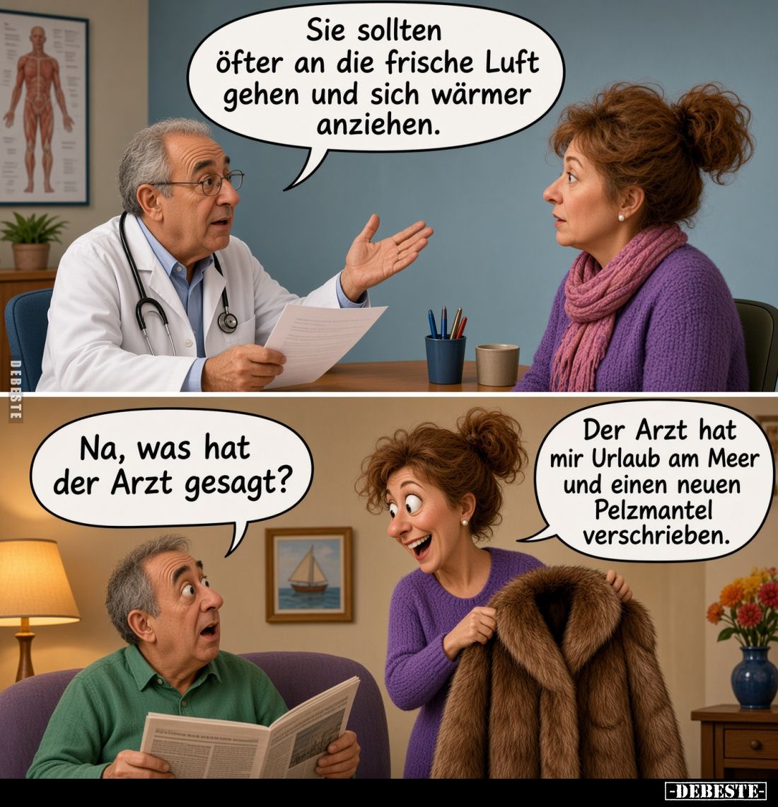 Sie sollten öfter an die frische Luft gehen und sich wärmer anziehen.
Na, was hat der Arzt gesagt?
Der Arzt hat mir Urlaub ...