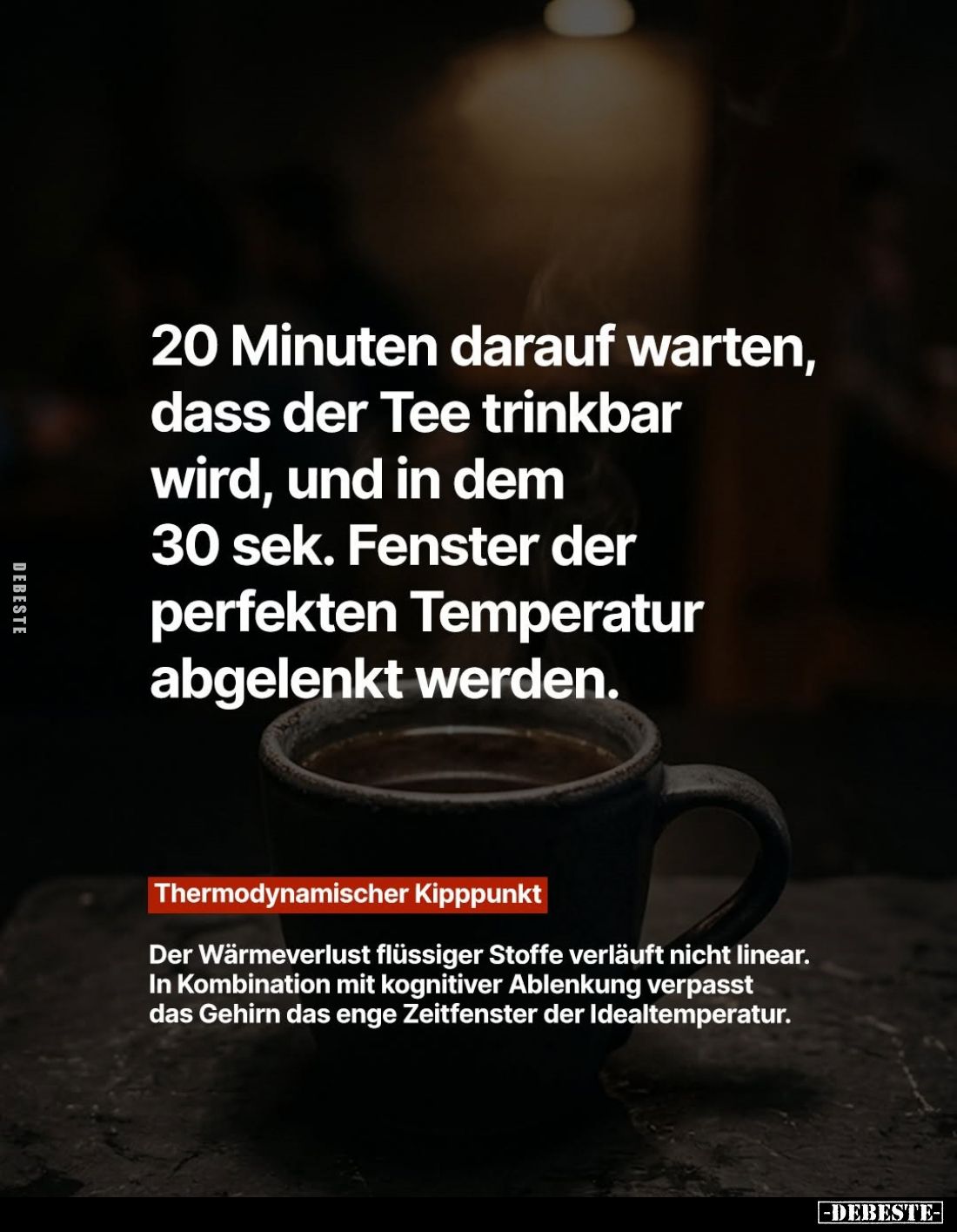 20 Minuten darauf warten, dass der Tee trinkbar wird, und in dem 30 sek. Fenster der perfekten Temperatur abgelenkt werden.
...