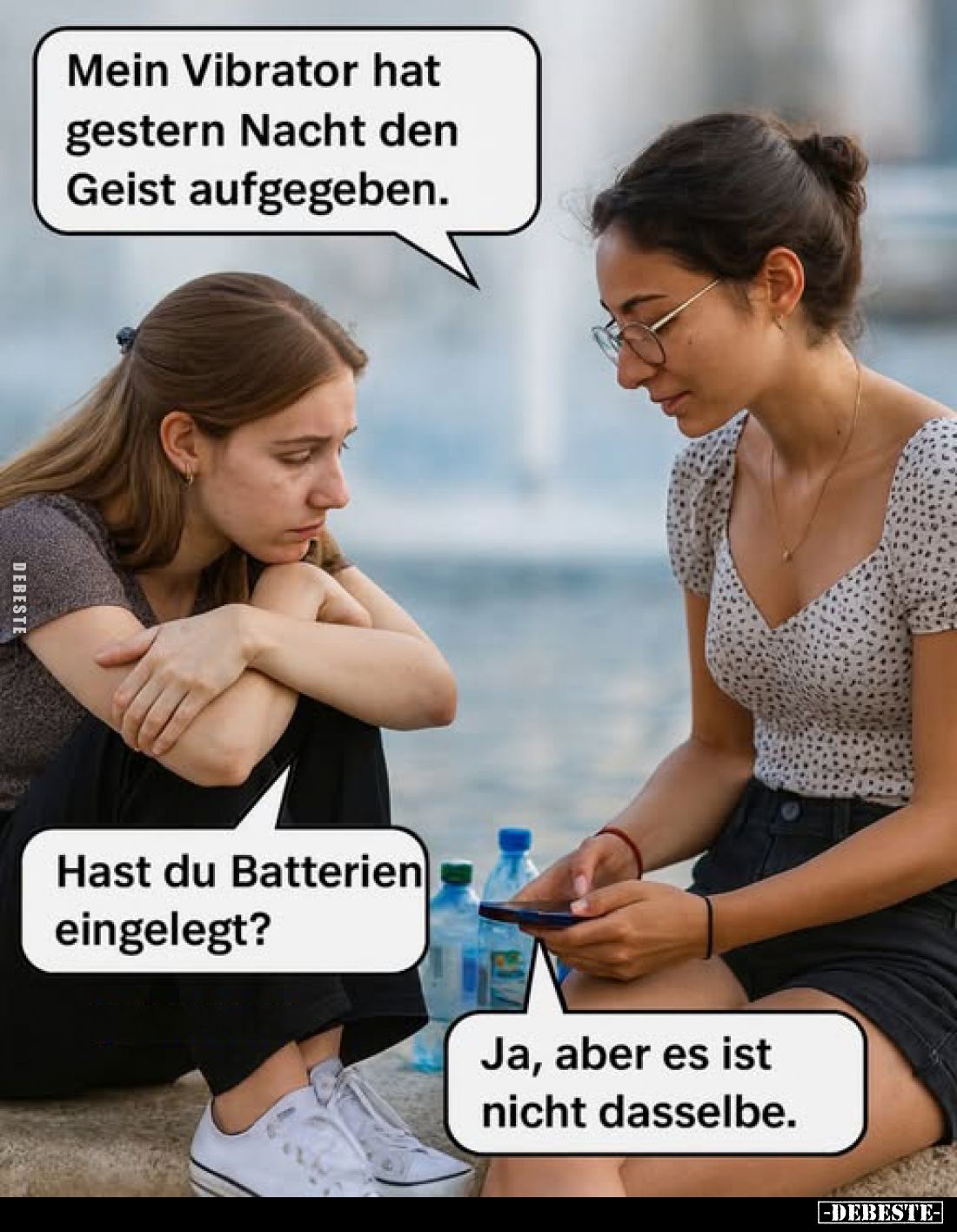 Mein Vibrator hat gestern Nacht den Geist aufgegeben. -
Hast du Batterien eingelegt?
- Ja, aber es ist nicht dasselbe.