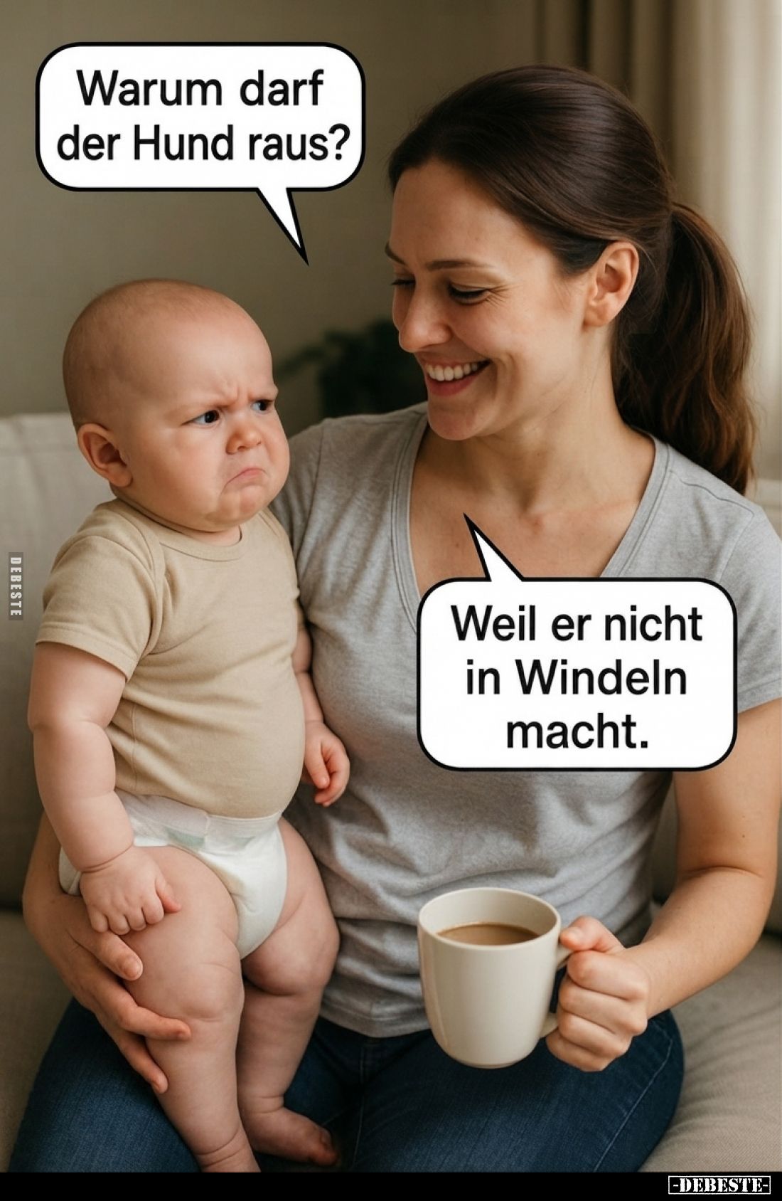 Warum darf der Hund raus?
-
Weil er nicht in Windeln macht.