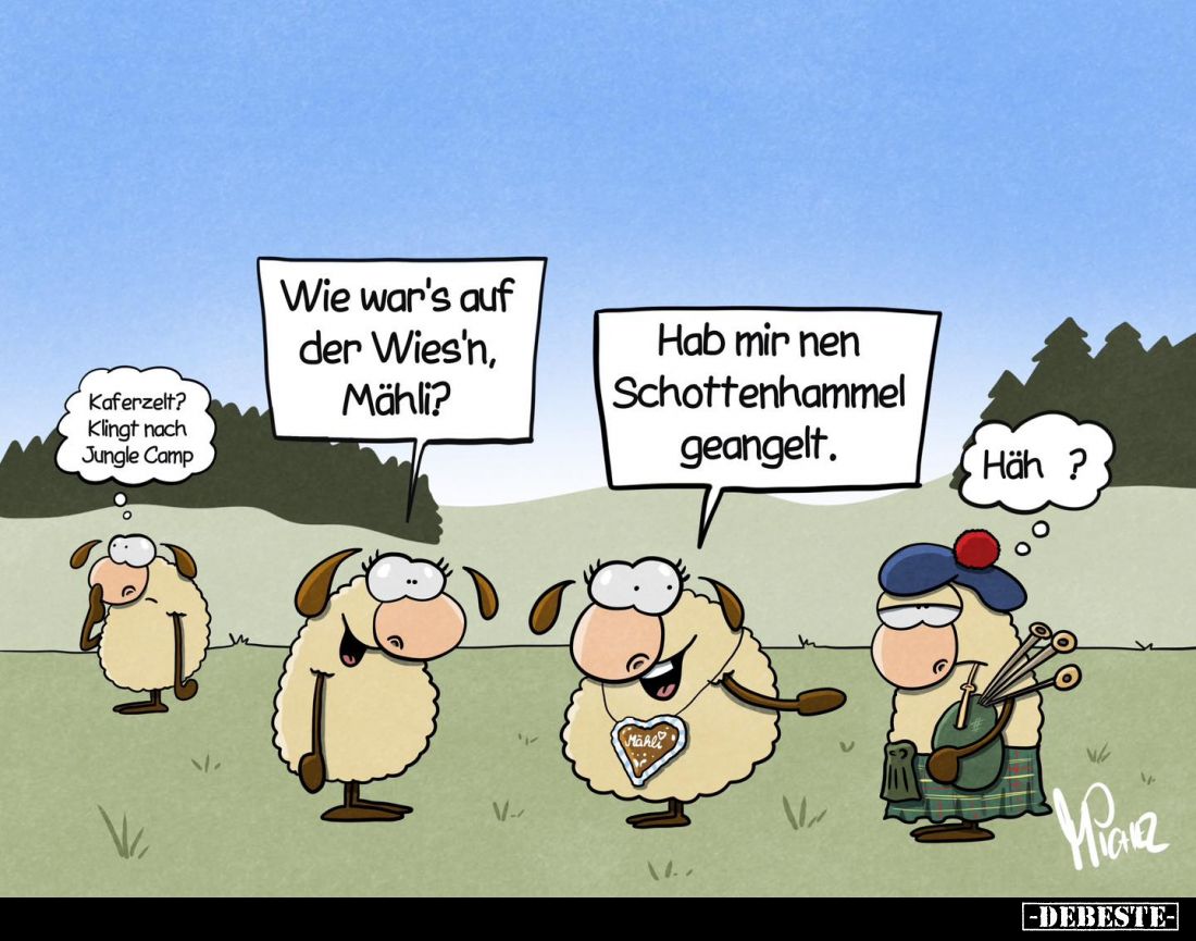 Wie war's auf der Wies'n, Mähli?
Hab mir nen Schottenhammel geangelt.
Kaferzelt?
Klingt nach
Jungle Camp.
Häh ?